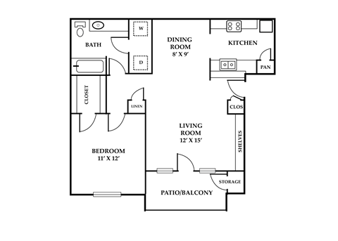Floor plan for 1 bed, 1 bath, 698 sqft